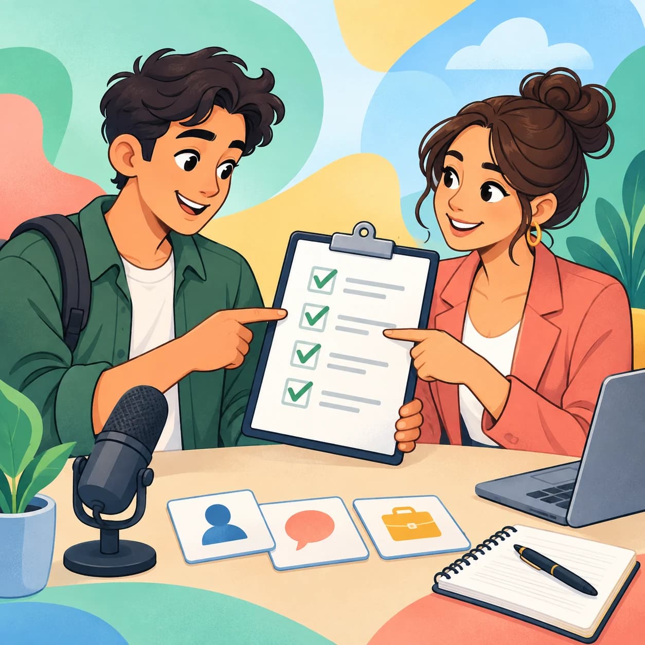 Cartoon candidate and coach reviewing service terms